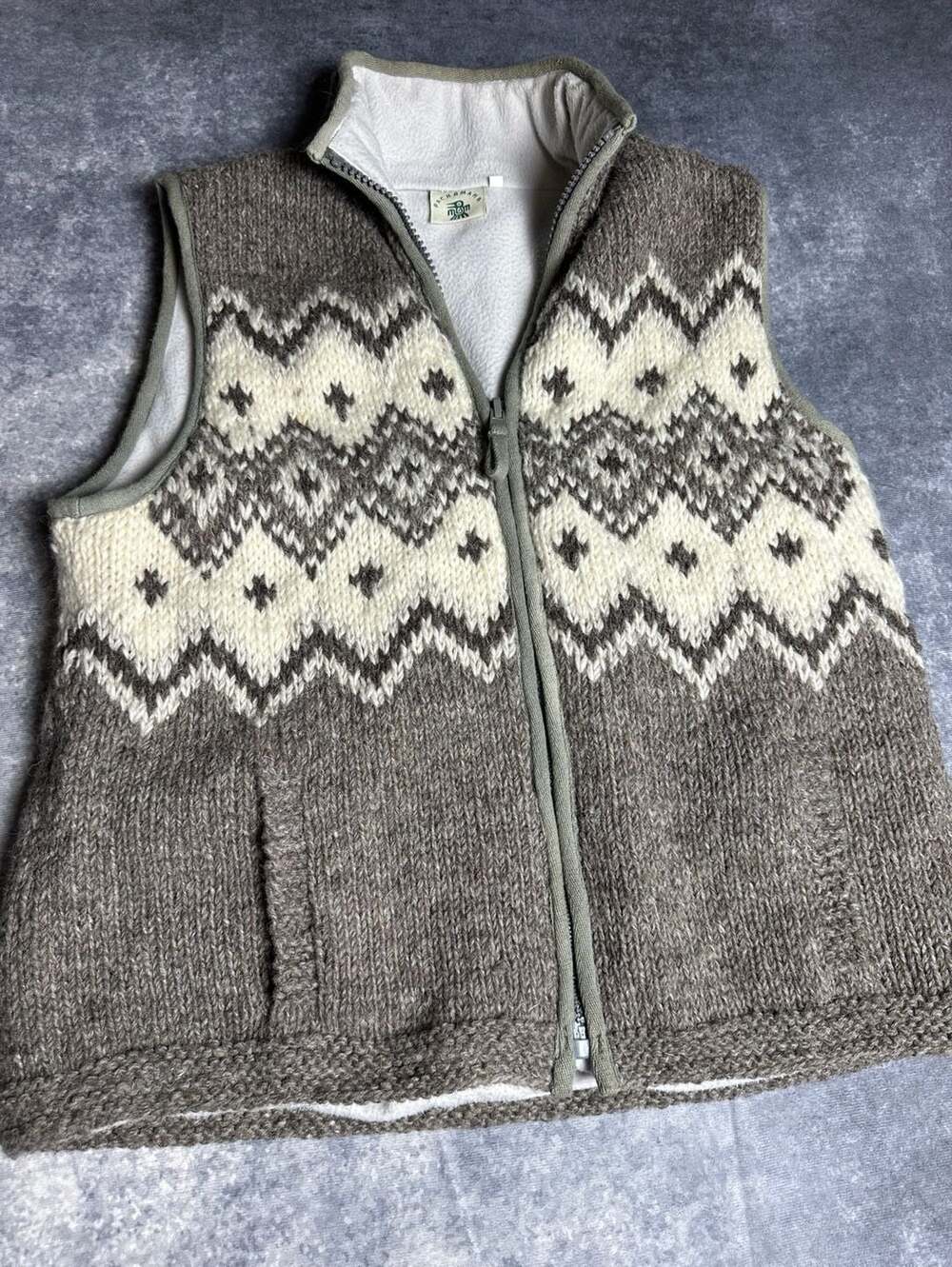 Pachamama  100% Wool Boho styled Vest with fair Isle Zip Fleece Lining